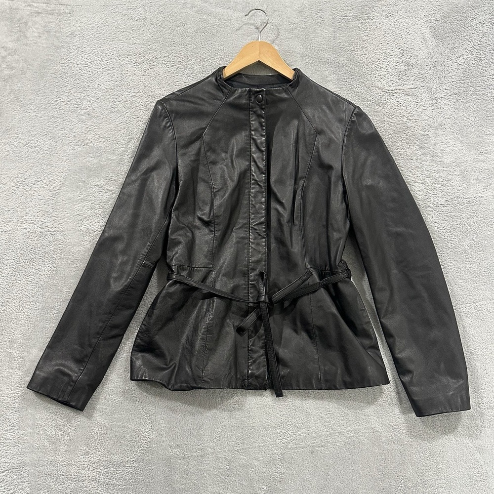 Vintage Classique Entier Leather Jacket Women M Black 90s Belted Minimalist Moto